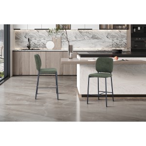 Chaise de comptoir RITA – Tissu vert – Pieds en métal noir – Hauteur 99 cm – Style design/industriel