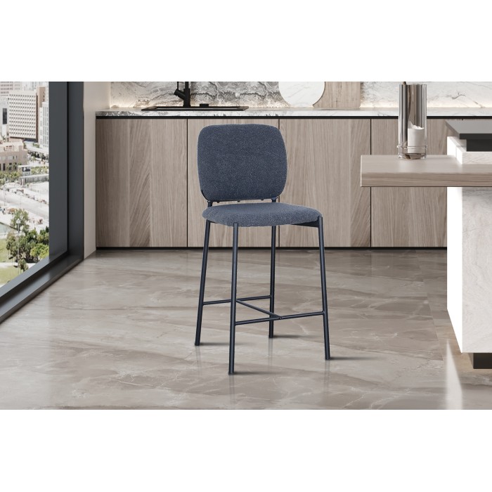 Chaise de comptoir RITA – Tissu gris foncé – Pieds en métal noir – Hauteur 99 cm – Style design/industriel