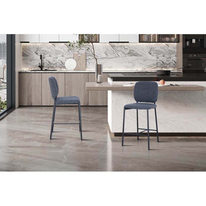 Chaise de comptoir RITA – Tissu gris foncé – Pieds en métal noir – Hauteur 99 cm – Style design/industriel