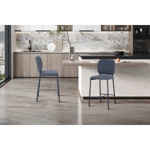 Chaise de comptoir RITA – Tissu gris foncé – Pieds en métal noir – Hauteur 99 cm – Style design/industriel
