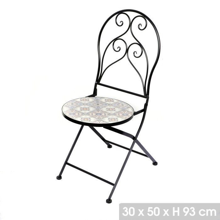 Lot de 2 chaises de jardin bistrot pliables – Mosaïque décorative – Métal noir – 30x50x93 cm