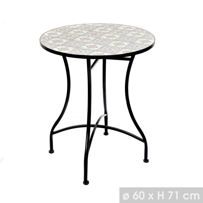 Table de jardin ronde bistrot – Mosaïque décorative – Métal noir – 60xH71 cm