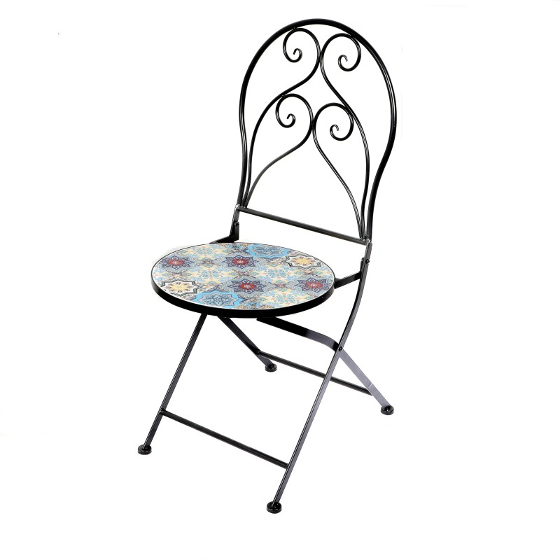 Lot de 2 chaises de jardin bistrot pliables collection PORTO – Mosaïque décorative – Métal noir – 30x50x93 cm