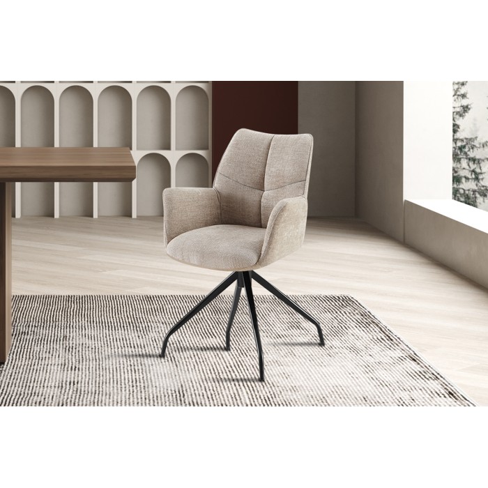 Chaise de salle à manger pivotante TRINITY – Tissu sable – Avec accoudoirs – Pieds métal noir – Style design/industriel