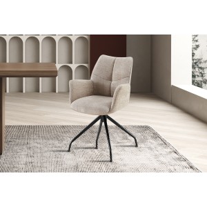Chaise de salle à manger pivotante TRINITY – Tissu sable – Avec accoudoirs – Pieds métal noir – Style design/industriel