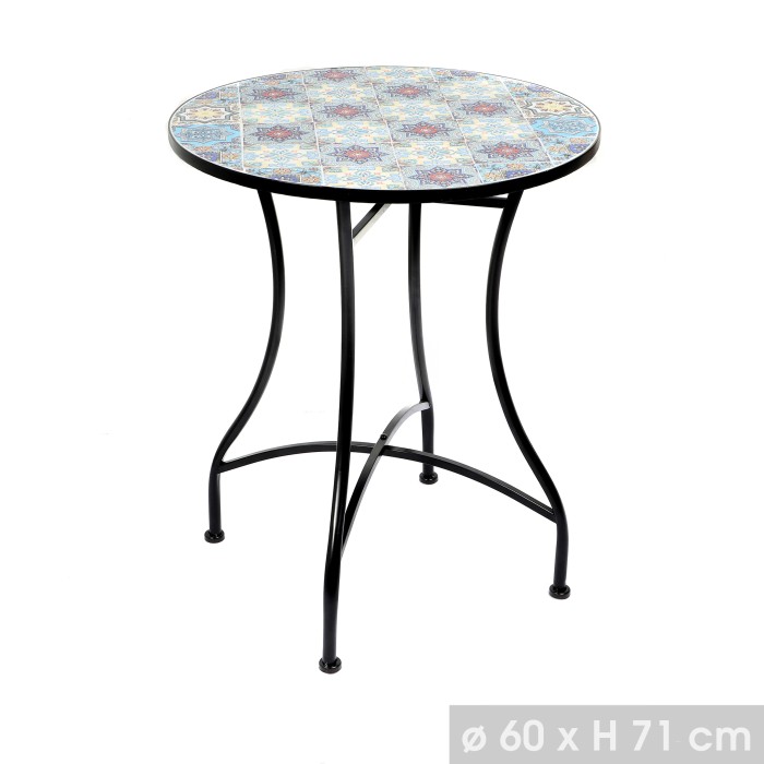 Table de jardin ronde bistrot collection PORTO – Mosaïque décorative – Métal noir – 60xH71 cm