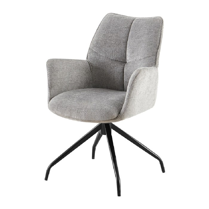 Chaise de salle à manger pivotante TRINITY – Tissu gris – Avec accoudoirs – Pieds métal noir – Style design/industriel