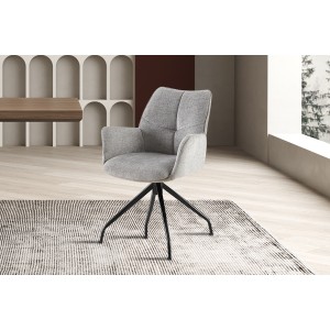 Chaise de salle à manger pivotante TRINITY – Tissu gris – Avec accoudoirs – Pieds métal noir – Style design/industriel