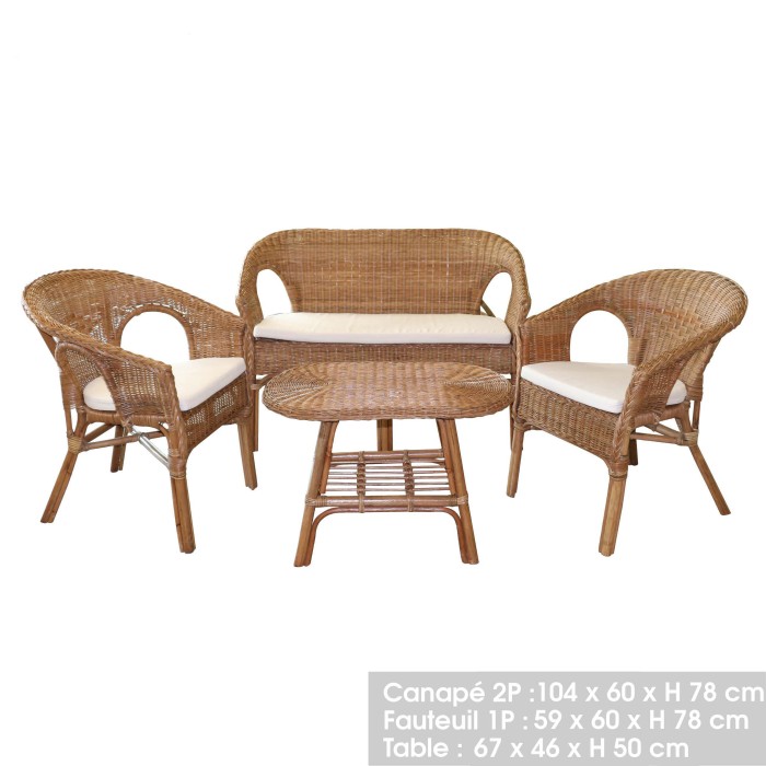 Salon de jardin en rotin collection SIENNE – Canapé 2 places, 2 fauteuils et table – Élégance naturelle et confort
