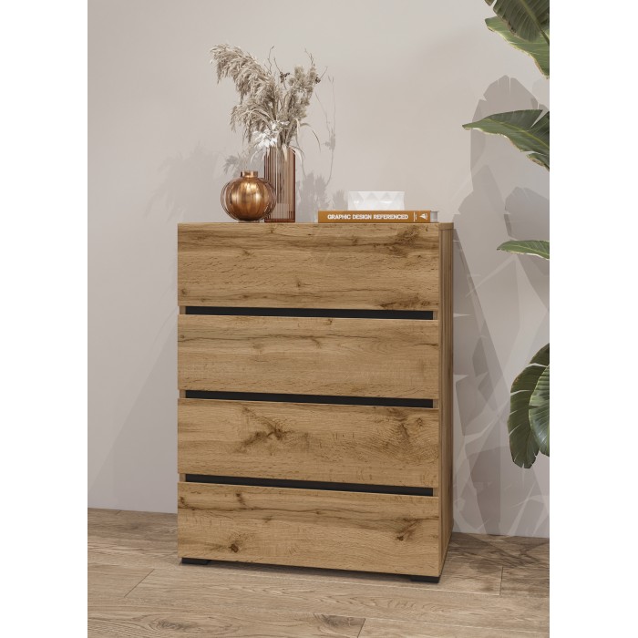 Petit buffet HAVANA – 4 tiroirs – Chêne et noir – Style naturel et moderne