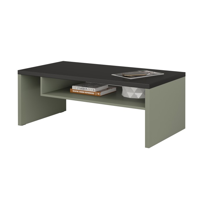Table basse HAVANA – Vert sauge et noir – Plateau noir mat – Avec niche – Design moderne