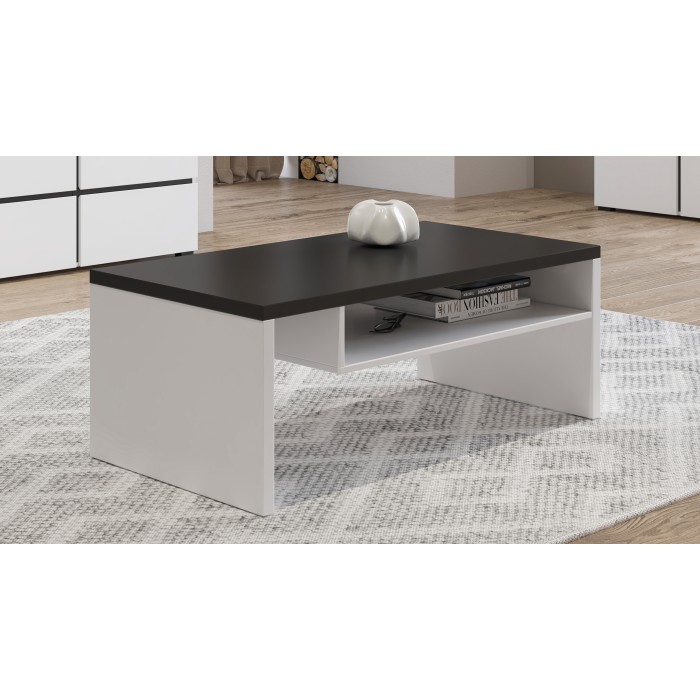 Table basse HAVANA – Blanc mat et noir – Plateau noir mat – Avec niche – Design moderne