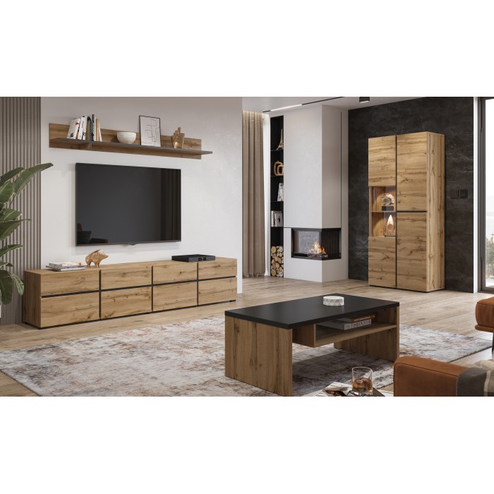 Table basse HAVANA – Chêne et noir – Plateau noir mat – Avec niche – Style naturel et moderne