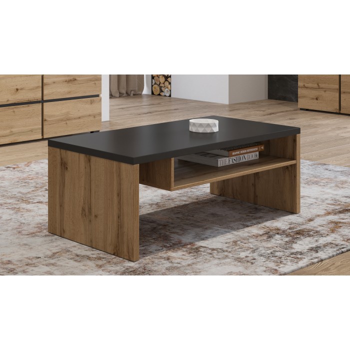 Table basse HAVANA – Chêne et noir – Plateau noir mat – Avec niche – Style naturel et moderne