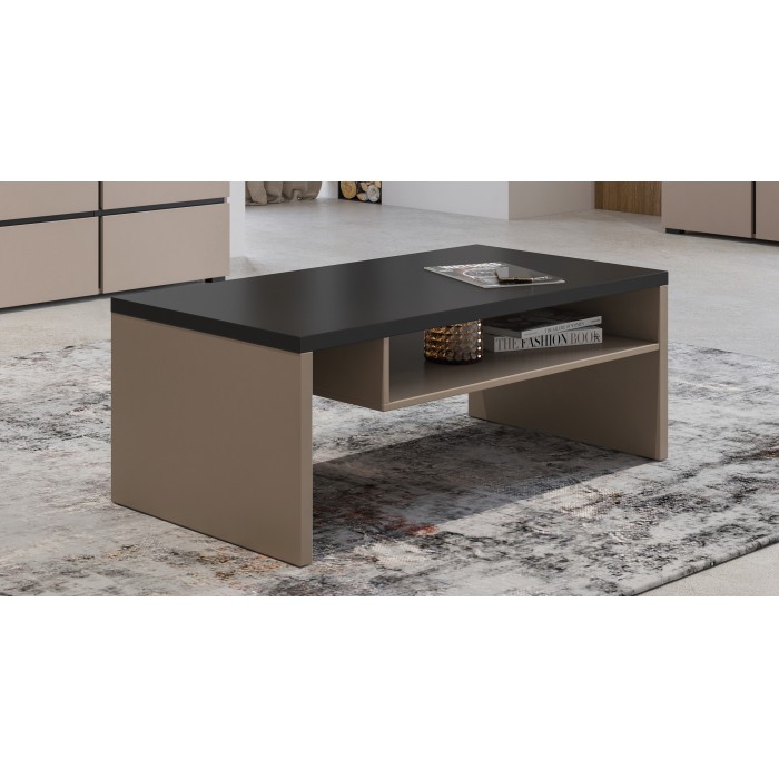 Table basse HAVANA – Beige et noir – Plateau noir mat – Avec niche – Élégance douce et moderne