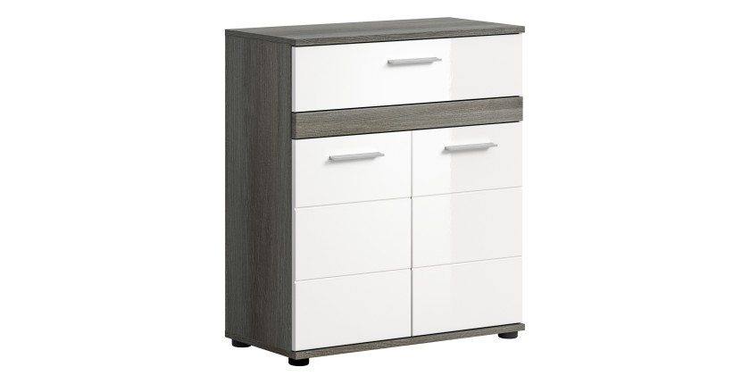 Meuble de rangement de salle de bain WILLIAM – 2 portes, 1 tiroir – Blanc et chêne cendré 