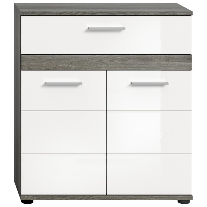 Meuble de rangement de salle de bain WILLIAM – 2 portes, 1 tiroir – Blanc et chêne cendré 