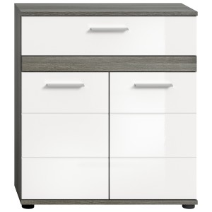 Meuble de rangement de salle de bain WILLIAM – 2 portes, 1 tiroir – Blanc et chêne cendré 