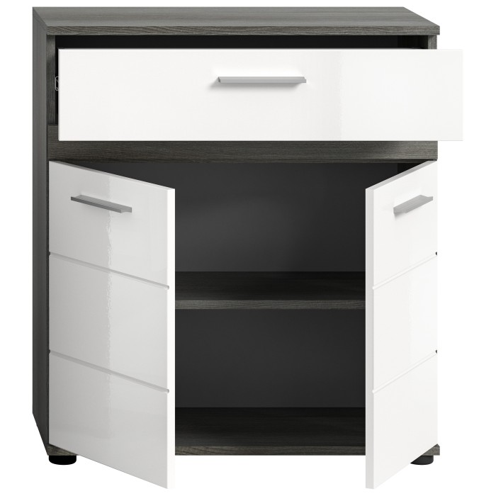 Meuble de rangement de salle de bain WILLIAM – 2 portes, 1 tiroir – Blanc et chêne cendré 