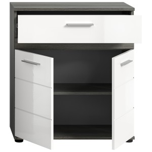 Meuble de rangement de salle de bain WILLIAM – 2 portes, 1 tiroir – Blanc et chêne cendré 