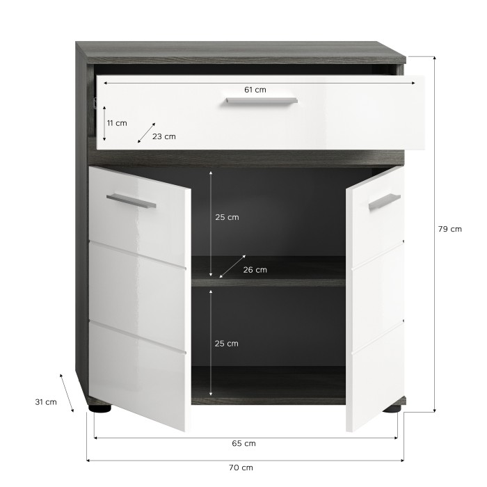 Meuble de rangement de salle de bain WILLIAM – 2 portes, 1 tiroir – Blanc et chêne cendré 