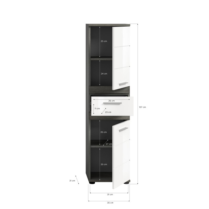 Colonne de salle de bain WILLIAM – 2 portes et 1 tiroir – Blanc et gris foncé 