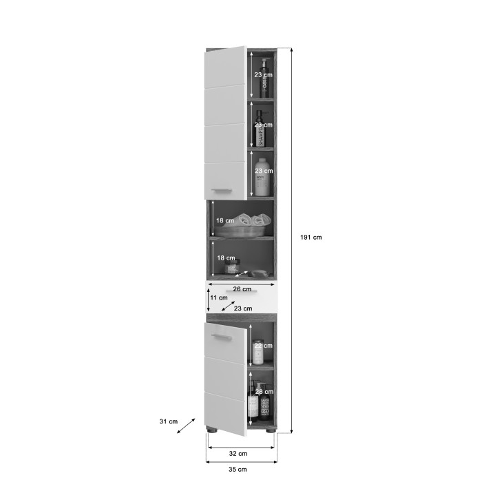 Colonne de salle de bain WILLIAM 2 portes et 1 tiroir – Blanc et gris foncé 