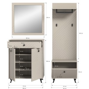 Ensemble d'entrée complet LUNA – Beige mat – 3 éléments – 195x190x35 cm 