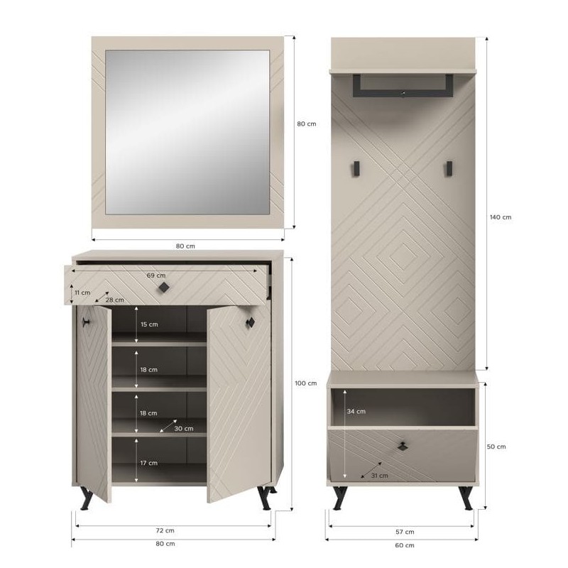 Ensemble d'entrée complet LUNA – Beige mat – 215x190x35 cm – 6 niches, 5 étagères 