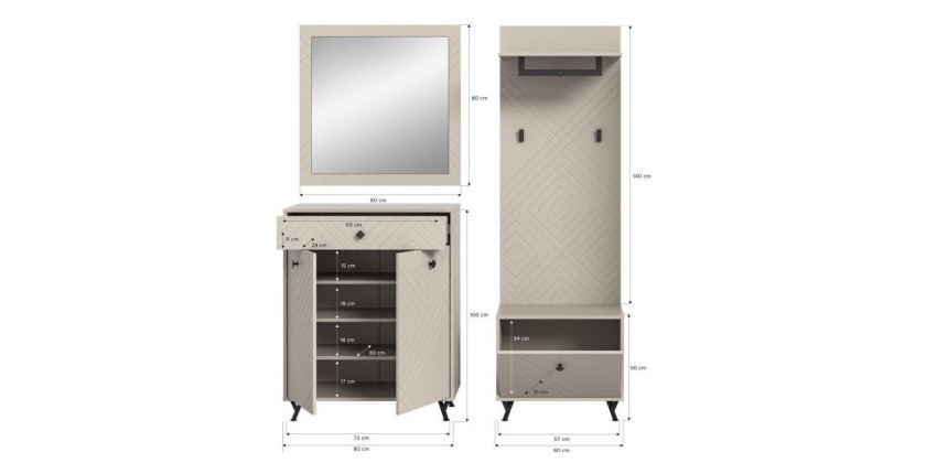 Ensemble d'entrée complet LUNA – Beige mat – 215x190x35 cm – 6 niches, 5 étagères 
