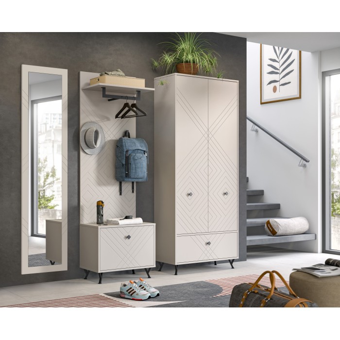 Ensemble d'entrée complet LUNA – Beige mat – 215x190x35 cm – 6 niches, 5 étagères 
