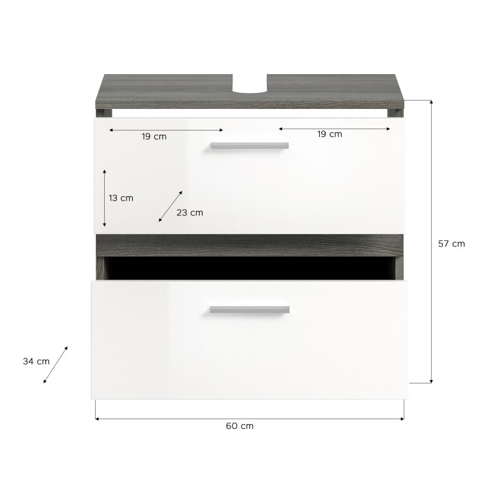 Meuble sous vasque WILLIAM – Gris foncé et blanc – 60x57x34 cm – 2 tiroirs 