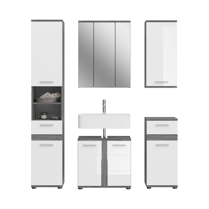 Ensemble de meubles de salle de bain WILLIAM – Gris foncé et blanc – 164x191x34 cm – 6 portes, 2 tiroirs 