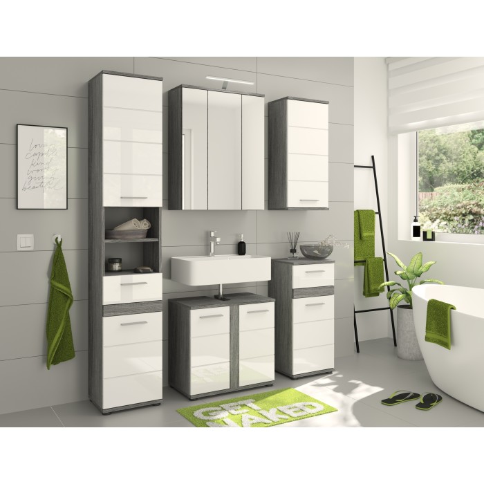 Ensemble de meubles de salle de bain WILLIAM – Gris foncé et blanc – 164x191x34 cm – 6 portes, 2 tiroirs 
