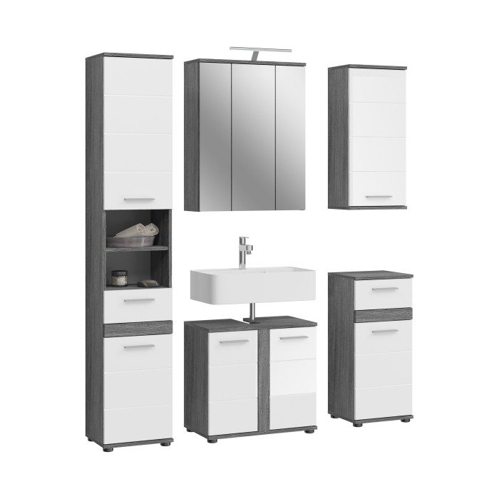 Ensemble de meubles de salle de bain WILLIAM – Gris foncé et blanc – 164x191x34 cm – Avec LED 