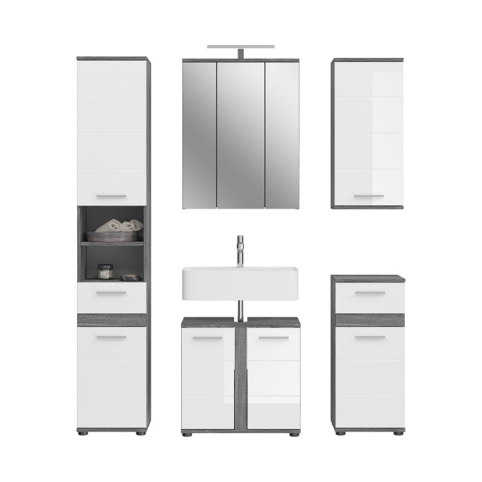 Ensemble de meubles de salle de bain WILLIAM – Gris foncé et blanc – 164x191x34 cm – Avec LED 
