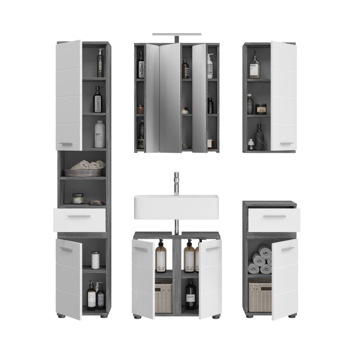 Ensemble de meubles de salle de bain WILLIAM – Gris foncé et blanc – 164x191x34 cm – Avec LED 