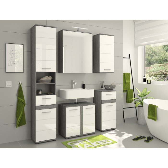 Ensemble de meubles de salle de bain WILLIAM – Gris foncé et blanc – 164x191x34 cm – Avec LED 
