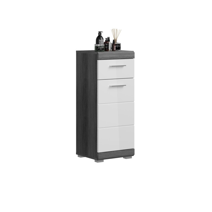 Meuble de rangement bas SCOTT – 1 porte et 1 tiroir – Gris foncé et blanc – 37x88x31 cm 