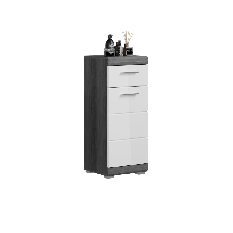 Meuble de rangement bas SCOTT – 1 porte et 1 tiroir – Gris foncé et blanc – 37x88x31 cm 