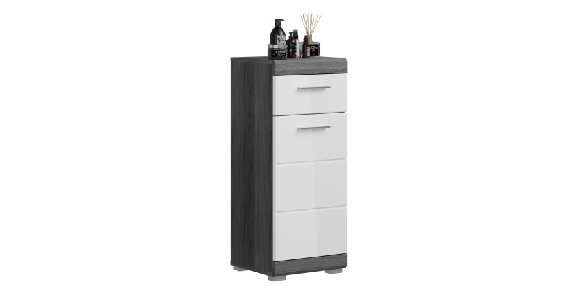 Meuble de rangement bas SCOTT – 1 porte et 1 tiroir – Gris foncé et blanc – 37x88x31 cm 
