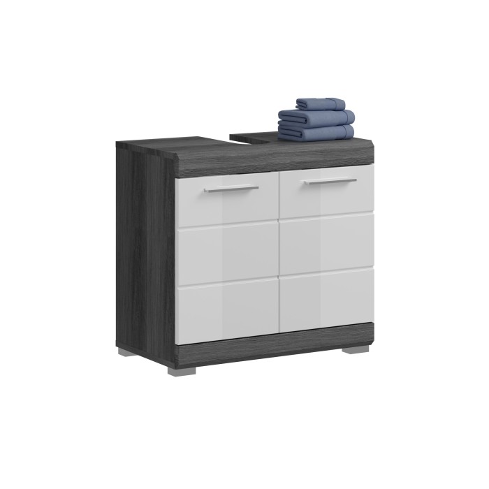 Meuble sous vasque SCOTT – 2 portes – Gris foncé et blanc – 60x56x34 cm 