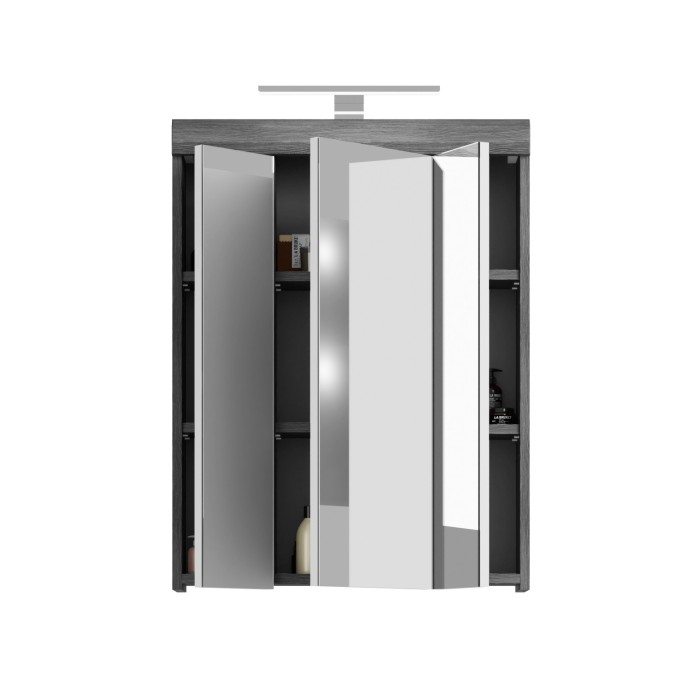 Meuble de rangement haut SCOTT – 3 portes avec miroir et LED – Gris foncé et blanc – 60x79x37 cm 