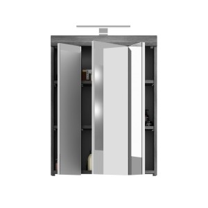 Meuble de rangement haut SCOTT – 3 portes avec miroir et LED – Gris foncé et blanc – 60x79x37 cm 