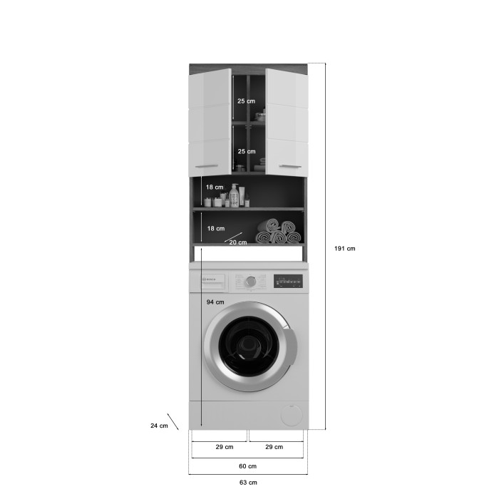 Meuble de rangement SCOTT – Machine à laver – Gris foncé et blanc – 63x191x24 cm 