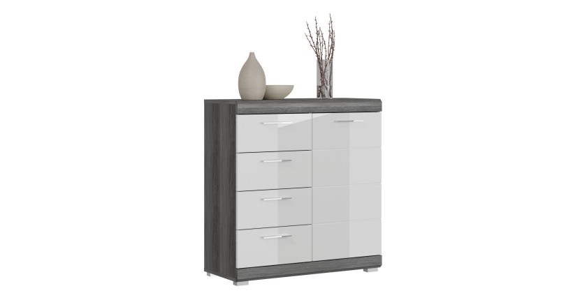 Buffet SCOTT – 4 tiroirs et 1 porte – Gris foncé et blanc – 80x85x37 cm 