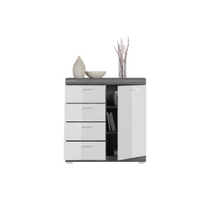 Buffet SCOTT – 4 tiroirs et 1 porte – Gris foncé et blanc – 80x85x37 cm 