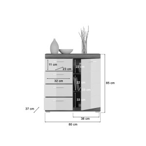 Buffet SCOTT – 4 tiroirs et 1 porte – Gris foncé et blanc – 80x85x37 cm 