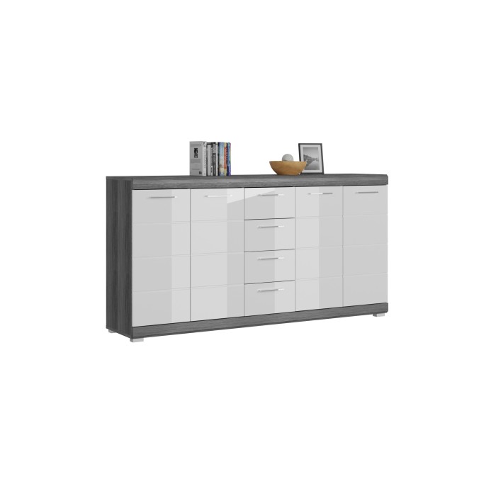 Buffet SCOTT – 4 portes et 4 tiroirs – Gris foncé et blanc – 165x85x37 cm 