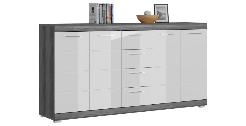 Buffet SCOTT – 4 portes et 4 tiroirs – Gris foncé et blanc – 165x85x37 cm 